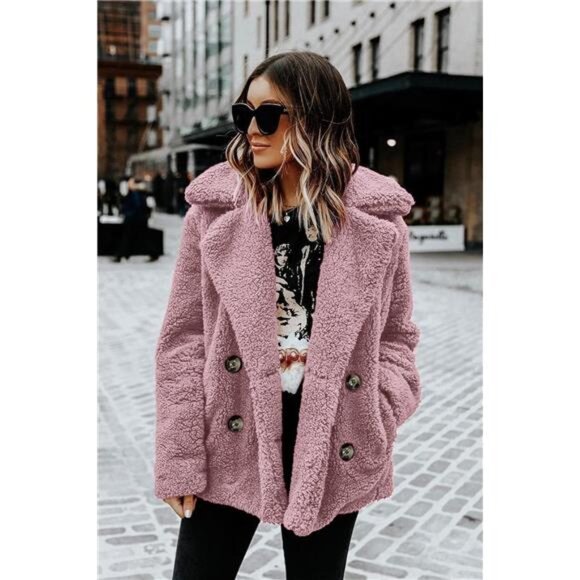 Women's Sherpa Fleece Faux Fur Trendy Jackets Pink2 - Picture 2 of 6